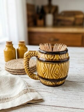 Japan Vintage Ceramic Barrel Toothpick Holder MCM Faux Wood Grain Brown Tan Mini